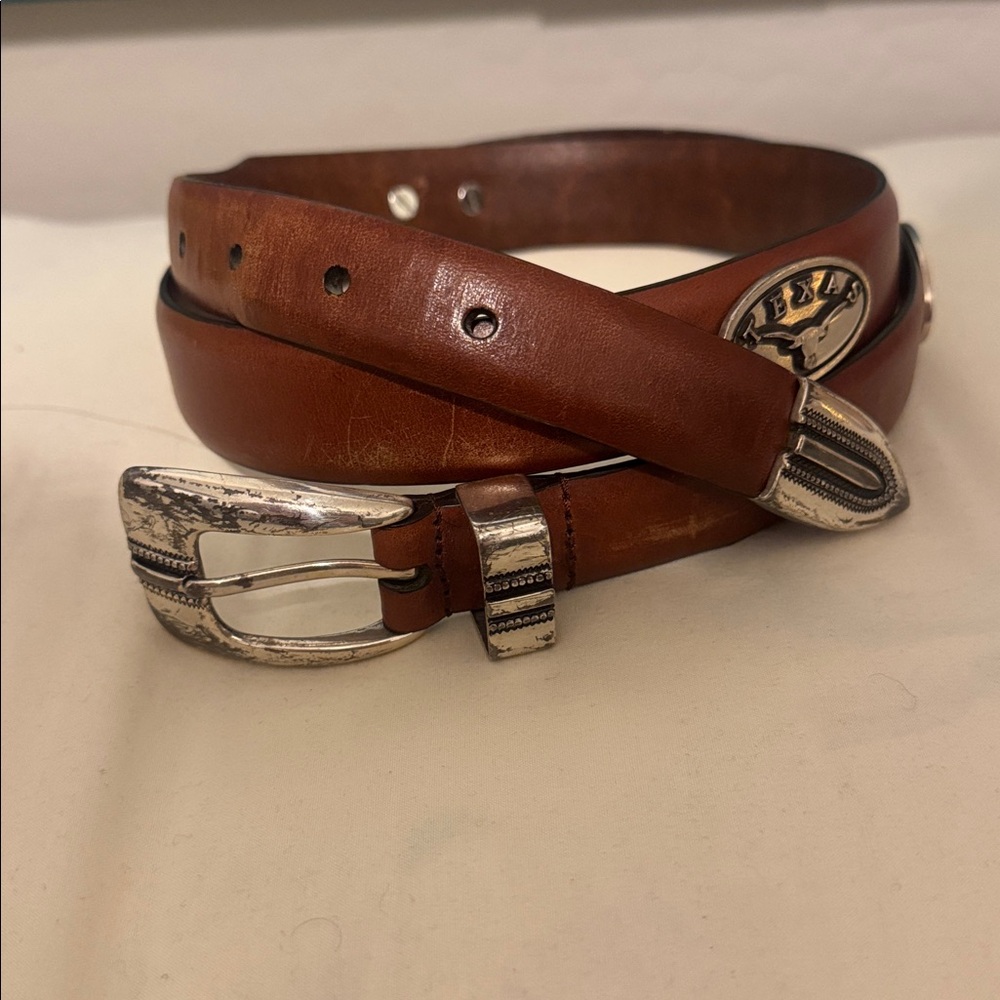 Enmon Italian Saddle Leather Western Texas Longhorn Concho Silver Buckle - Picture 3 of 4